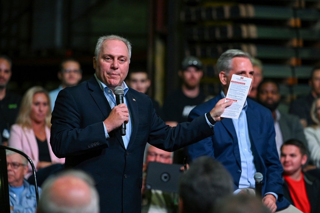 Rep. Steve Scalise, R-La., speaks as House Minority leader Kevin McCarthy, R-Calif., listens at DMI Companies in Monongahela, Pa., Friday, Sept. 23, 2022. McCarthy joined with other House Republicans to unveil their "Commitment to America" agenda.