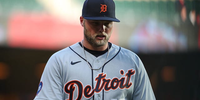 Austin Meadows #17 of the Detroit Tigers looks on against the Minnesota Twins before the start of the first inning of the game at Target Field on April 26, 2022 in Minneapolis, Minnesota. The Twins defeated the Tigers 5-4.