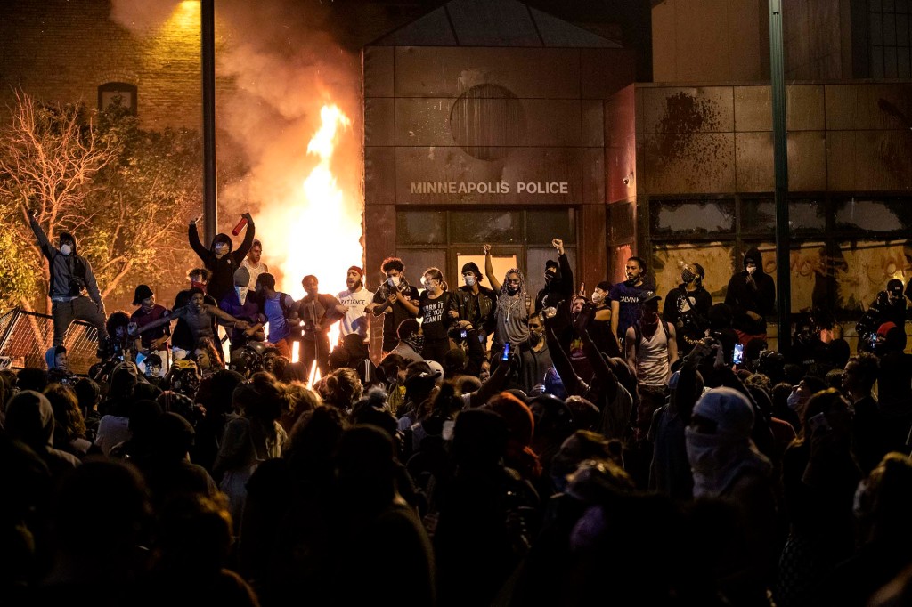 A Minneapolis police precinct set ablaze during the protests that followed the murder of George Floyd in 2020. Samuels is committed to ensuring that such scenes never happen again. 