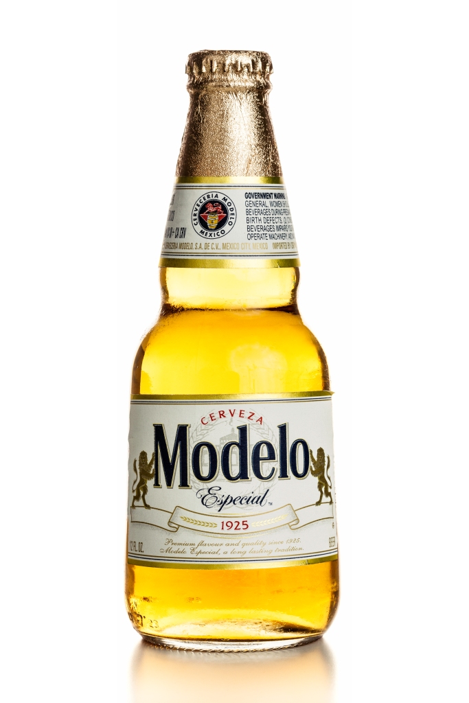 Modelo Special bottle on white background.