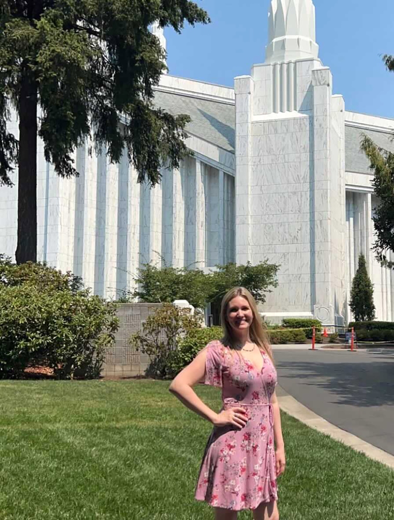 Jane is pictured outside the Church of Jesus Christ of Latter-day Saints. She says her account does not make her a bad Christian. 