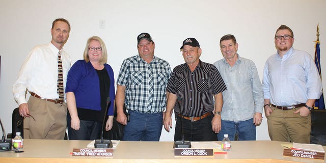 This 2018 Moroni City Council photo shows from left to right Mayor Paul Bailey, Jenifer Lamb, Fred Atkinson, Orson Cook, Jed Demill, and Justin Morley.