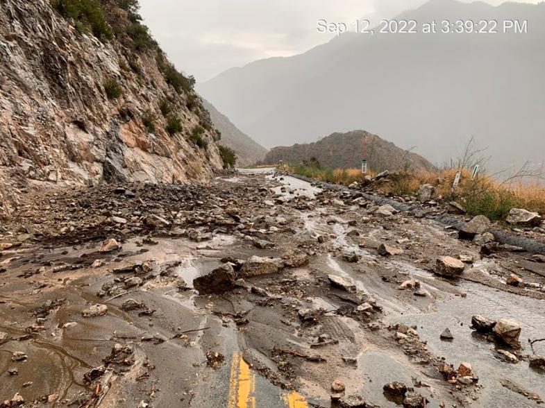 A picture of mudslides on Highway SR-38 in the San Bernardino Mountains, California.