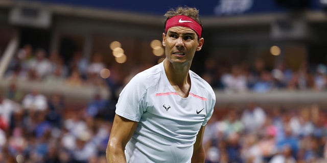 Rafael Nadal of Spain reacts during his match against Frances Tiafoe of the United States during their fourth-round match at the U.S. Open in New York on Sept. 5, 2022.