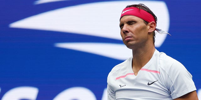 Rafael Nadal of Spain reacts during his match against Frances Tiafoe of the United States during their fourth-round match at the U.S. Open in New York on Sept. 5, 2022.