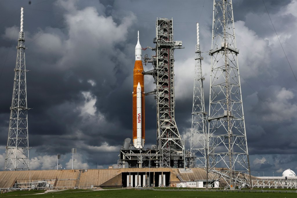 NASA's Artemis I rocket sits on launch pad 39-B at Kennedy Space Center on Sept. 2, in Cape Canaveral, Florida. 