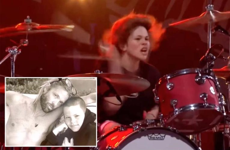 Taylor Hawkins’ son Oliver Shane plays drums during Foo Fighters tribute