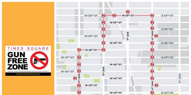 This map, provided by the New York City Mayor's Office, shows the perimeter of the gun-free zone