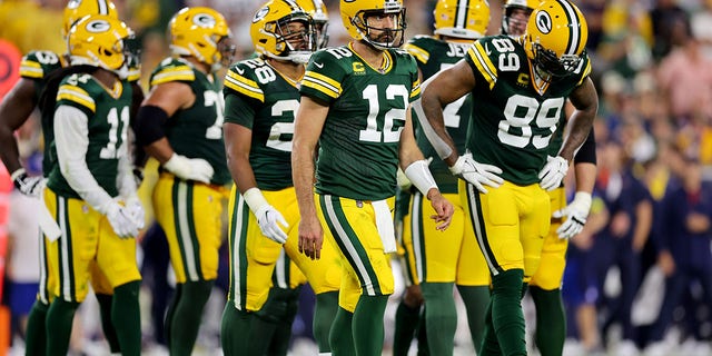 Aaron Rodgers #12 of the Green Bay Packers on the field during the second quarter in the game against the Chicago Bears at Lambeau Field on September 18, 2022, in Green Bay, Wisconsin.