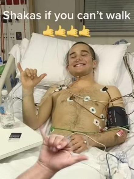 A photo of Jimmy Jan in the hospital after his skiing accident.