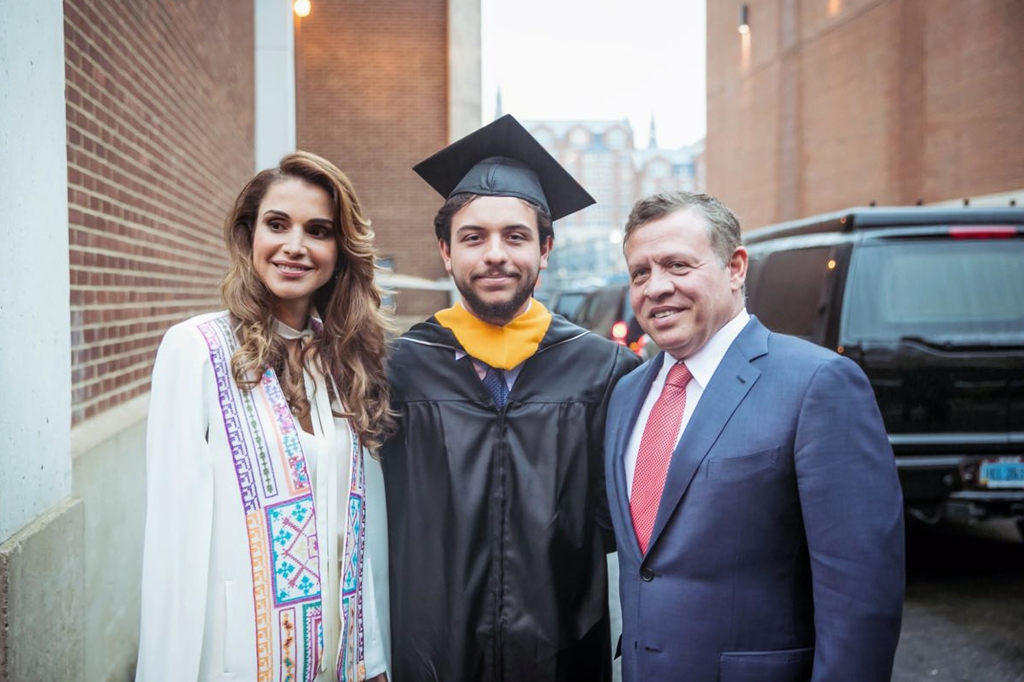 The King and Queen with Crown Prince Hussein in Washington, DC celebrating the Prince's graduation from Georgetown University in 2016. Hussein, like his father, is directly descended from the Prophet Muhammed. 