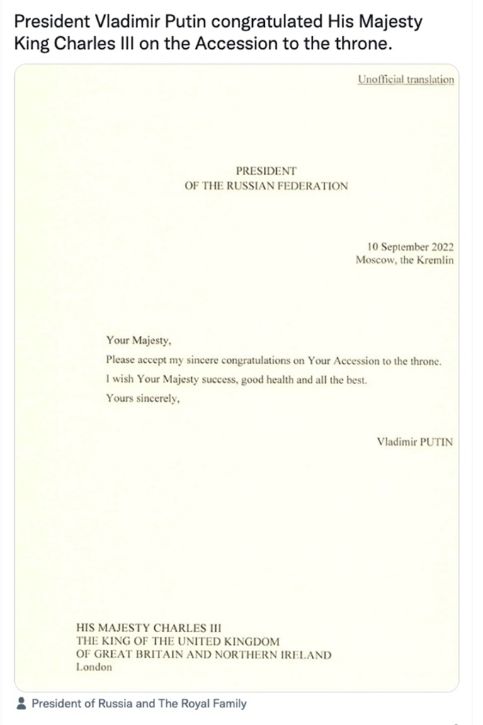 Russian President Vladimir Putin wished “success, good health and all the best,” to King Charles III.