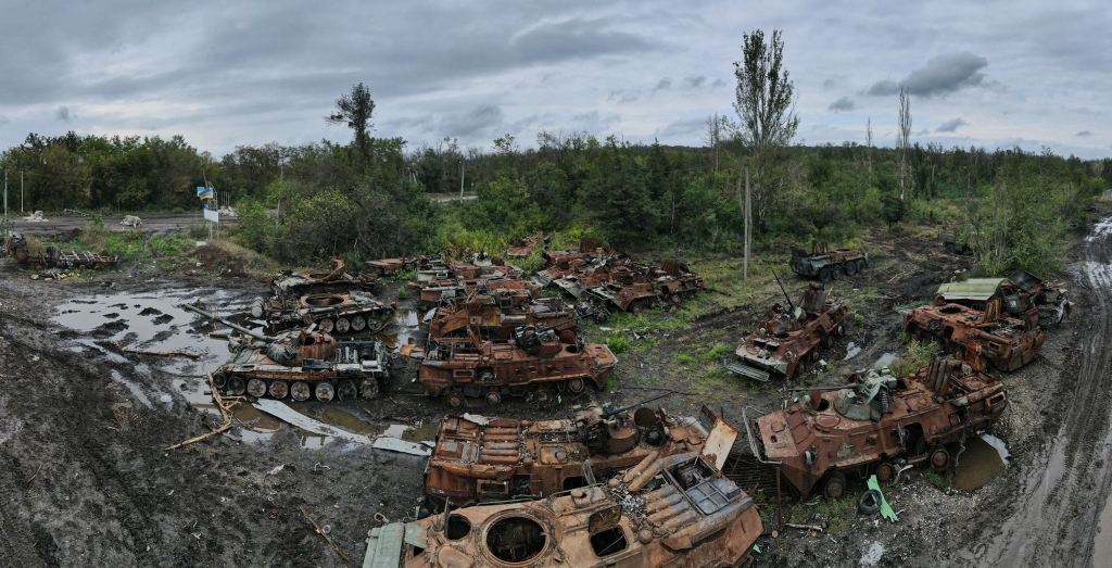 Russian tanks and armored personnel carriers destroyed during a counteroffensive operation of the Ukrainian army are seen near Izium in Kharkiv region on Wednesday. 
