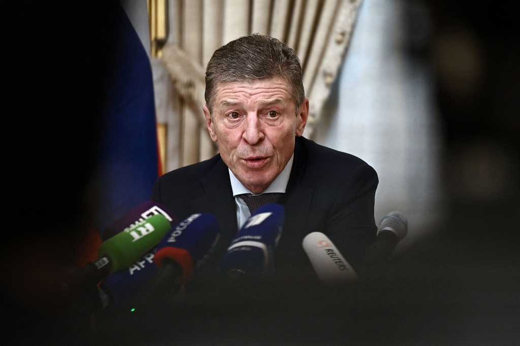 Kremlin's deputy chief of staff Dmitry Kozak gives a press conference at the Russian Ambassador's residence in Paris