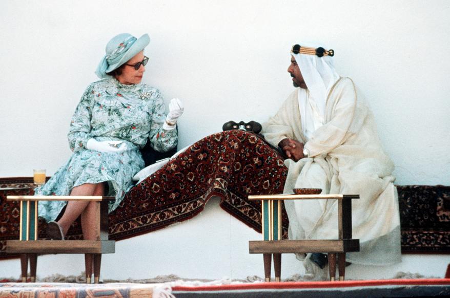 Queen Elizabeth II enjoyed a cup of tea with the Emir of Bahrain, Sheikh Isa bin Salman Al Khalifa, in 1979. She was the first female head-of-state to the small Middle Eastern country.