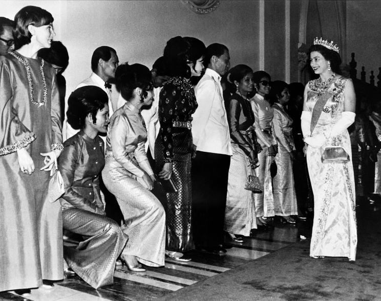 In 1972, Queen Elizabeth arrived at the Grand Palace in Bangkok during her official visit to Thailand. The Queen, Prince Philip and Princess Anne were hosted by King Bhumibol Adulyadej and Queen Sirikit, the extended Thai Royal Family.
