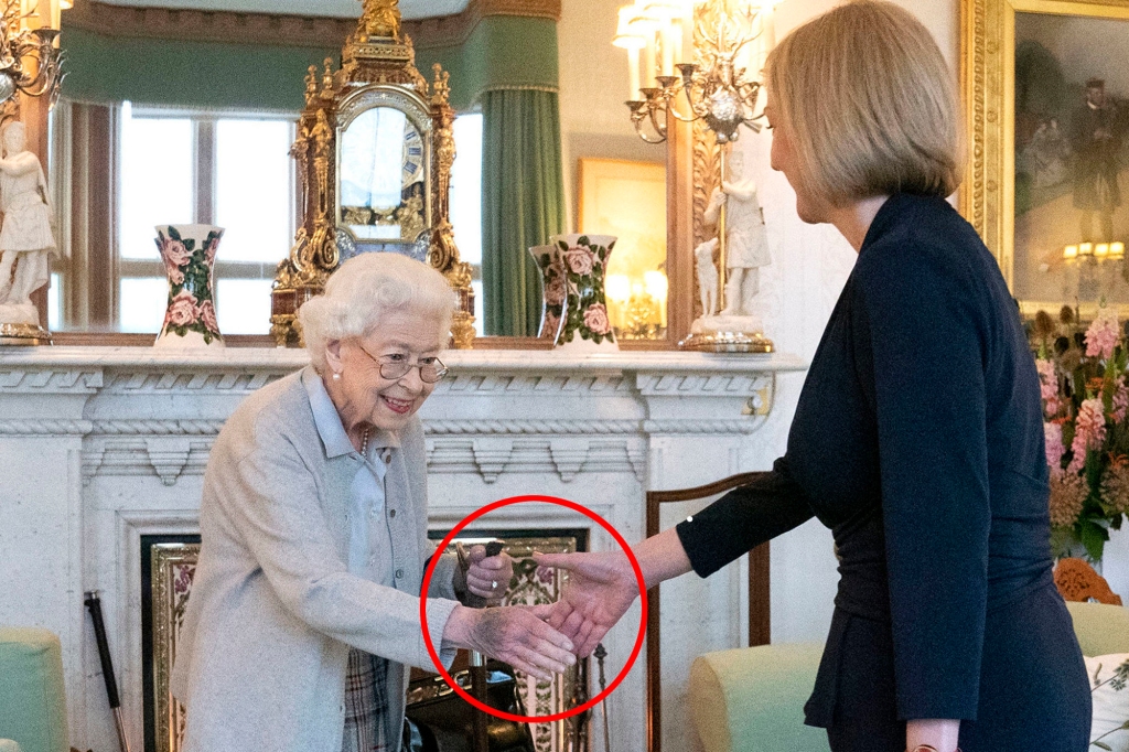 The queen is pictured meeting with Liz Truss on Tuesday. "What is going on with the queen’s hands? All blue and purple?" one worried Twitter user asked. 