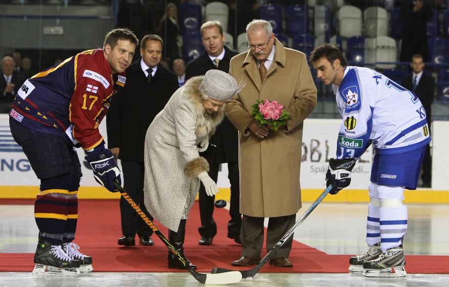 Ice, ice, baby! Queen Elizabeth threw in the puck to officiate the start of a 2008 hockey match between Aqua City Poprad and Guildford Flames in Slovakia, where she embarked on a week-long tour.