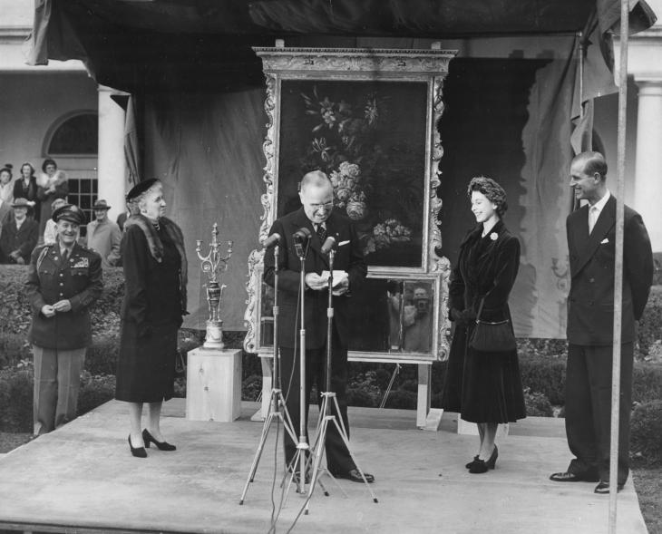 On the same 1951 Washington, DC, trip, Princess Elizabeth and Prince Philip looked on while President Harry Truman gave a speech from the White House.