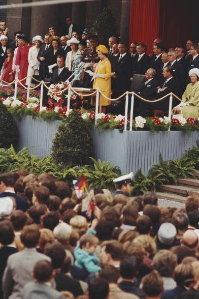 Queen Elizabeth II spoke from the balcony at City Hall in West Berlin during a 1965 state visit to West Germany.