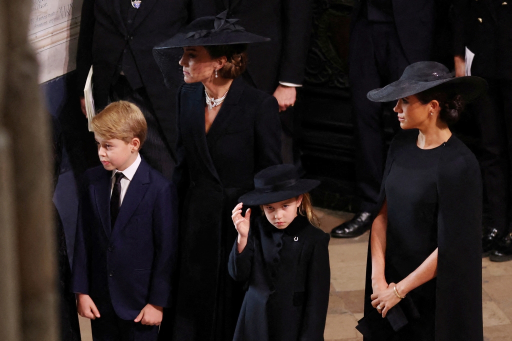 Prince George, who is second in line to the throne, and his younger sister joined their mother, Kate Middleton, and aunt, Meghan Markle, ahead of the funeral service. 