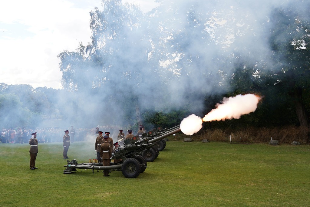 Members of the 4th Regiment Royal Artillery fire a 96 gun salute in York, England.