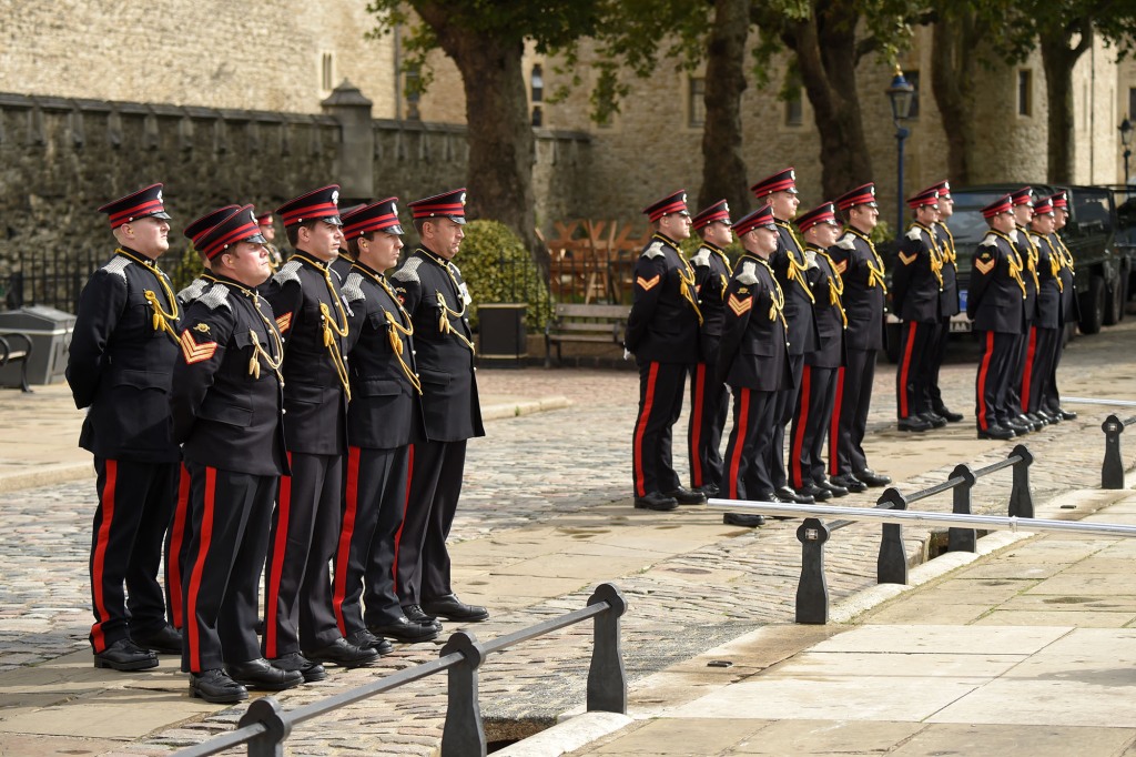 Members of the Honourable Artillery Company prepare for a 96-gun salute at Tower Bridge. 