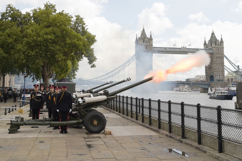 Members of the Honourable Artillery Company fired a 96-gun salute at Tower Bridge  on Friday afternoon, following the death of Queen Elizabeth II.