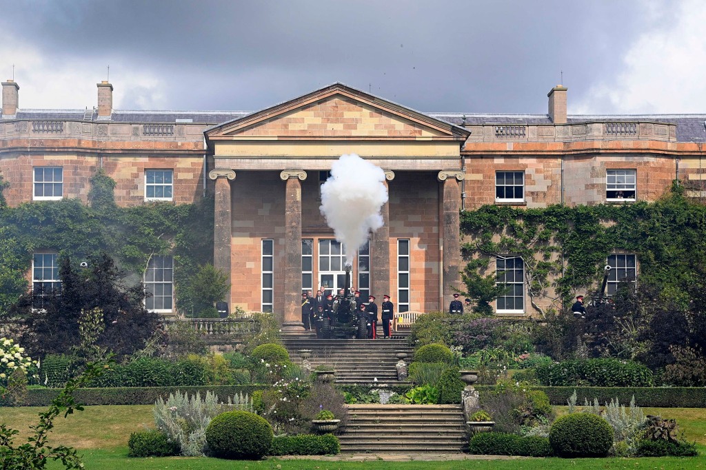 Members of 105 Regiment Royal Artillery during the gun saltue at Hillsborough Castle, Belfast, Northern Ireland.