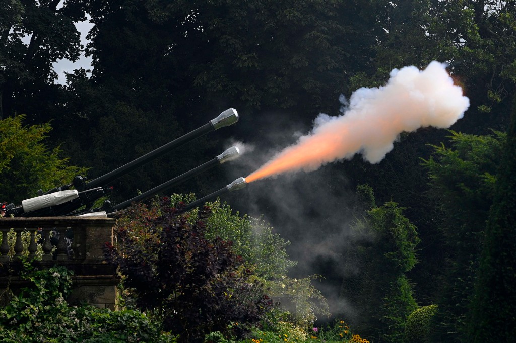 Members of 105 Regiment Royal Artillery perform the Gun Salute at Hillsborough Castle to mark the death of Queen Elizabeth II.