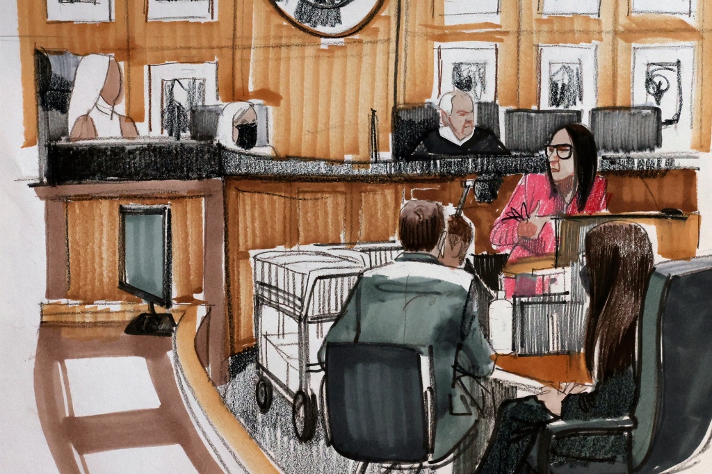 A courtroom sketch of Kelly's goddaughter "Jane" testifying against him at the trial on August 19, 2022.