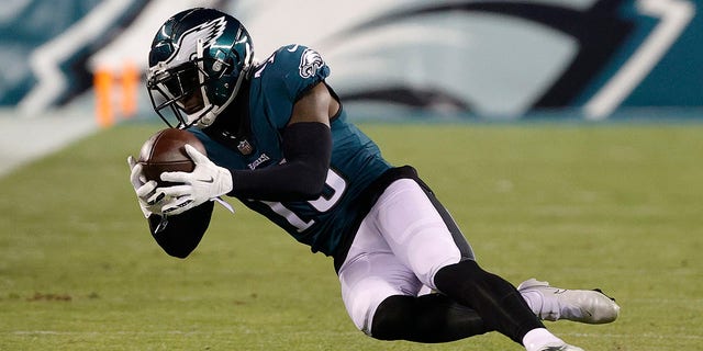 Jalen Reagor of the Philadelphia Eagles catches the ball in the third quarter of a game against the Dallas Cowboys at Lincoln Financial Field in Philadelphia on Jan. 8, 2022.