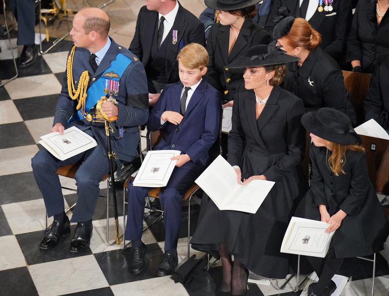 Prince William, Prince George, Catherine Princess of Wales and Princess Charlotte are seen sitting front row at the funeral. 