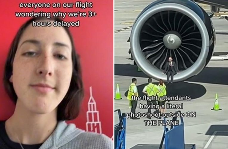 Woman slams flight crew photo shoot while on delayed plane