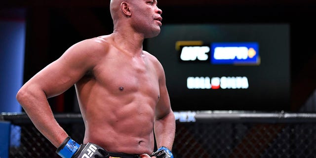 Anderson Silva of Brazil reacts after his loss to Uriah Hall in a middleweight bout during the UFC Fight Night event at UFC APEX on Oct. 31, 2020 in Las Vegas, Nevada.