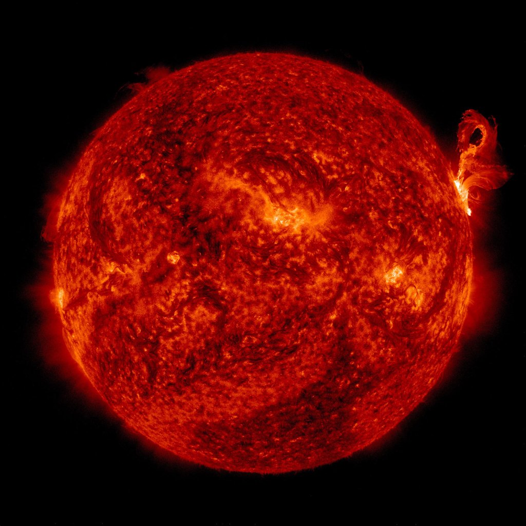 An eruption of solar material exploding up off the surface of the right side of the sun, 2012. 