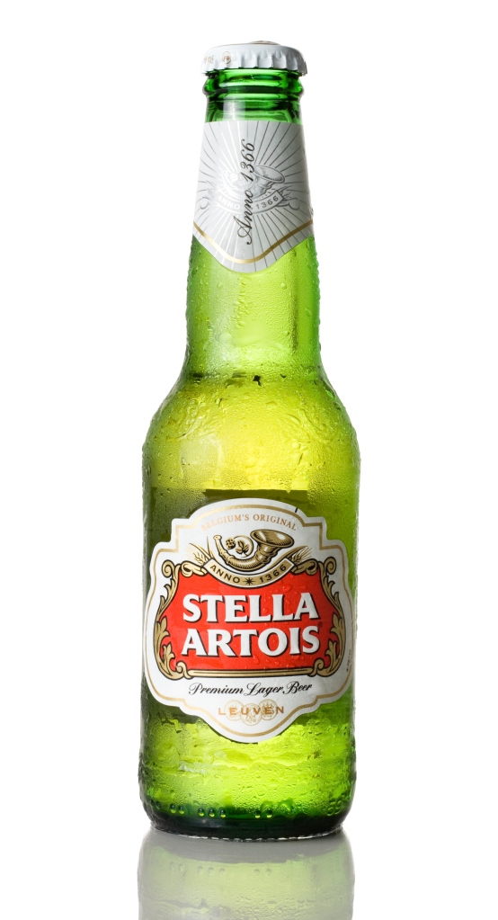 A bottle of Stella Artois against a white background.