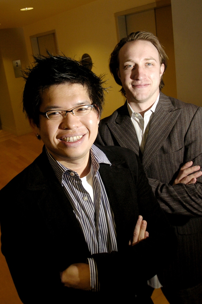 YouTube co-founders Steven Chen and Chad Hurley posing in their San Bruno, Calif., headquarters. 
