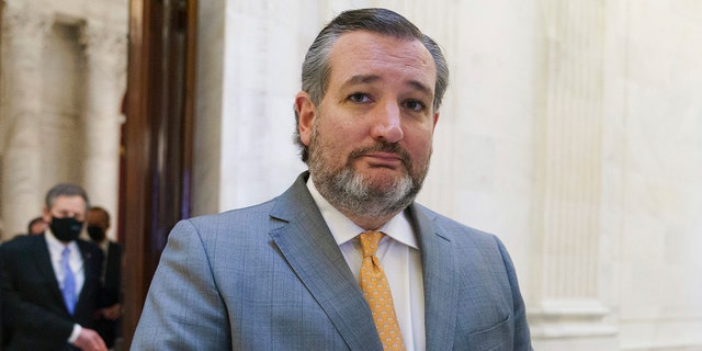 Sen. Ted Cruz, R-Texas, and other members of the Republican Conference leave a luncheon on Capitol Hill in Washington March 24, 2021. 