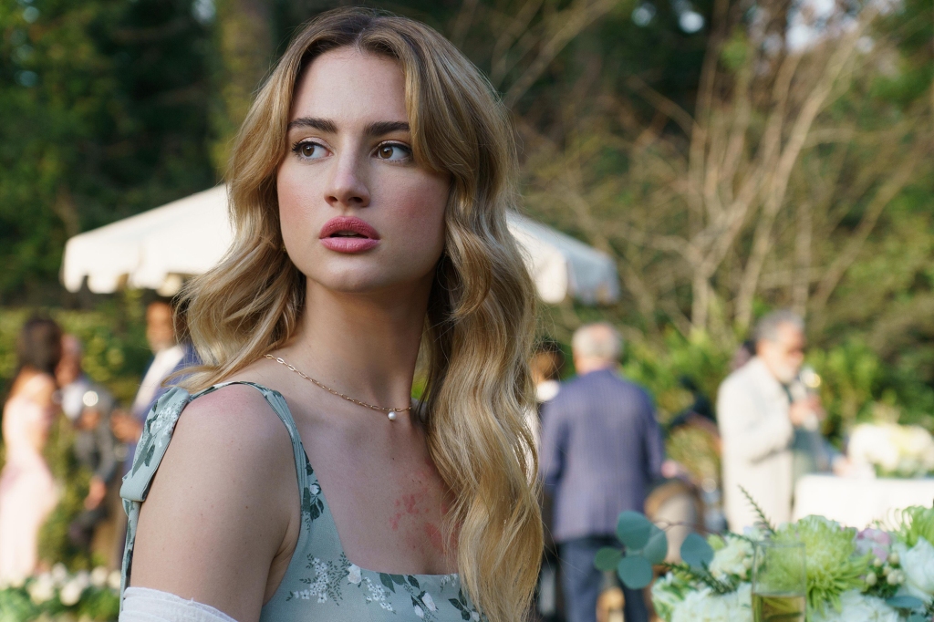 Grace Van Patten as an older Lucy, who's been out of college about four years. She's wearing a summer dress at a party and is looking off-camera.