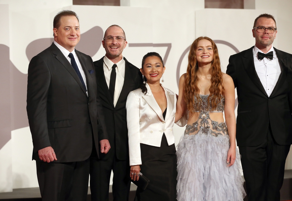 The cast and crew of "The Whale," including Fraser (from far left) and Darren Aronofsky, received a prolonged standing ovation.