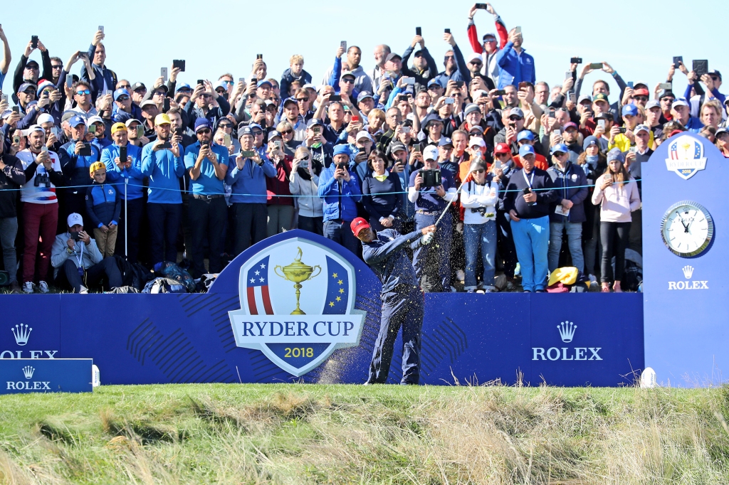Tiger Woods hits his tee shot at the 2018 Ryder Cup at Le Golf National in Paris, France. Woods generally tried to accommodate Harris English, though that approach was a risky one, given the effect English had on the group dynamic. 