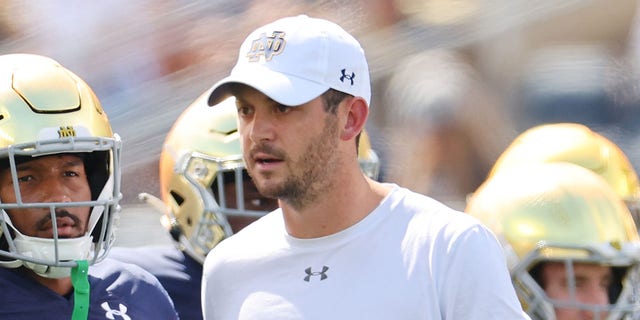 Offensive coordinator Tommy Rees of the Notre Dame Fighting Irish before a game against the Marshall Thundering Herd at Notre Dame Stadium Sept. 10, 2022, in South Bend, Ind.