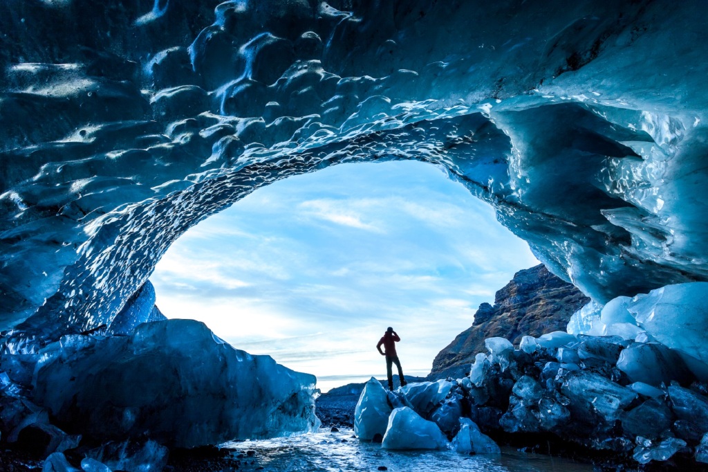 Inside a glacial ice cave at Skaftafell National Park, Iceland.