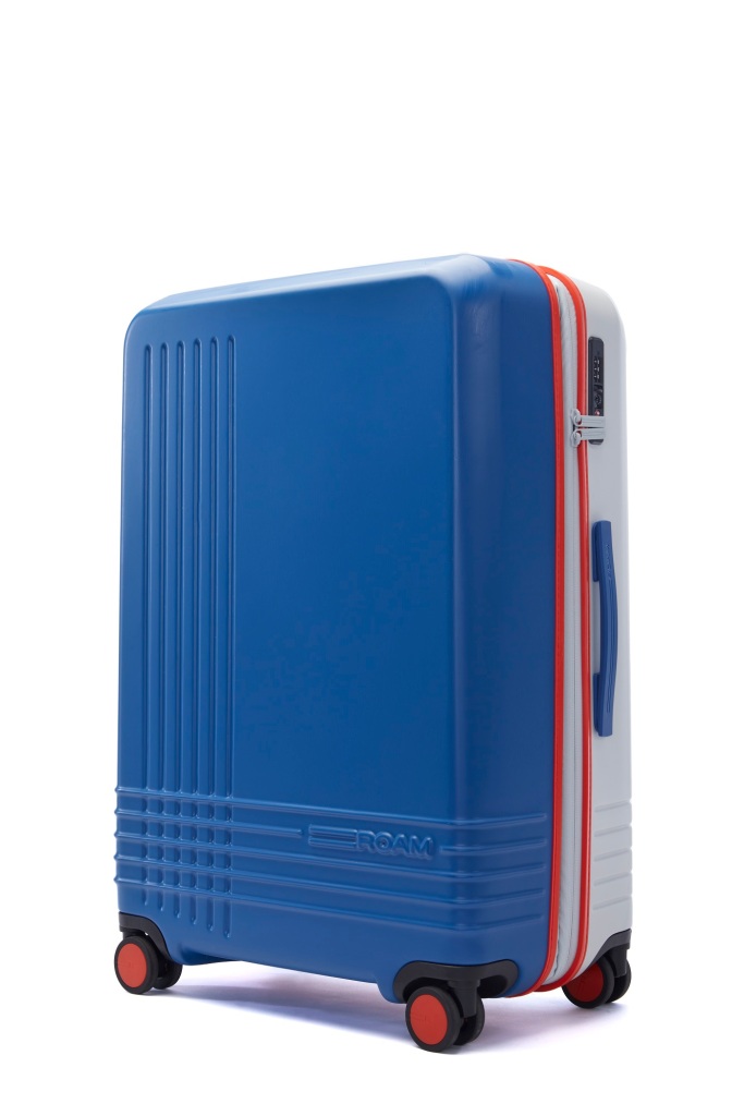 A blue Roam suitcase.