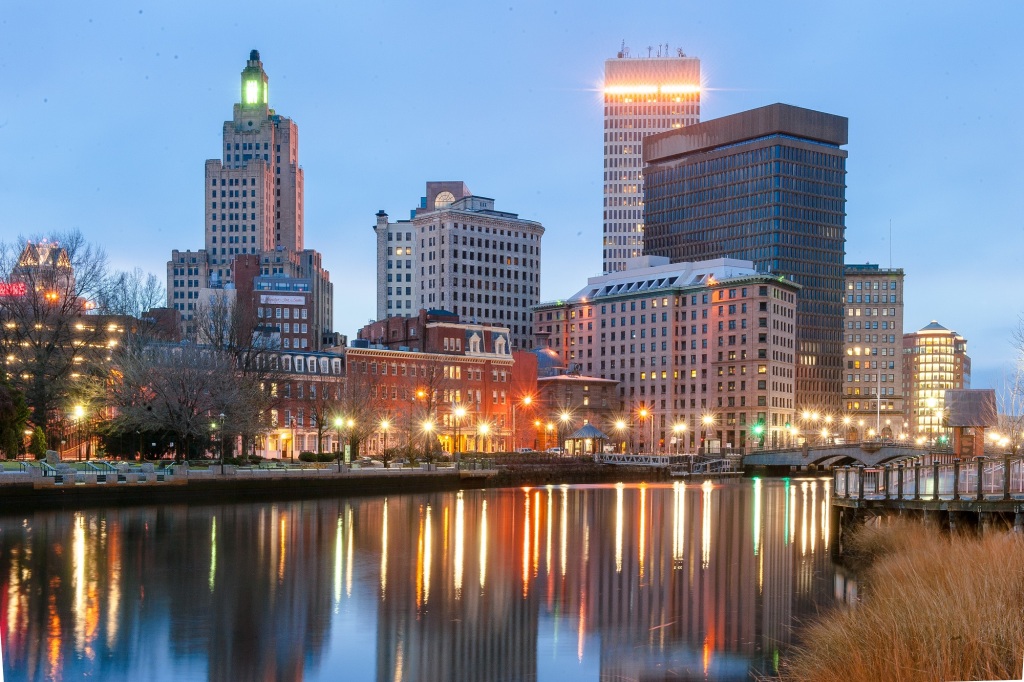 A view of Povidence's skyline at night.