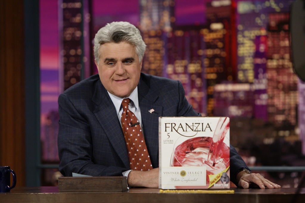 Jay Leno holds Franzia boxed wine on "The Tonight Show" on March 10, 2005.