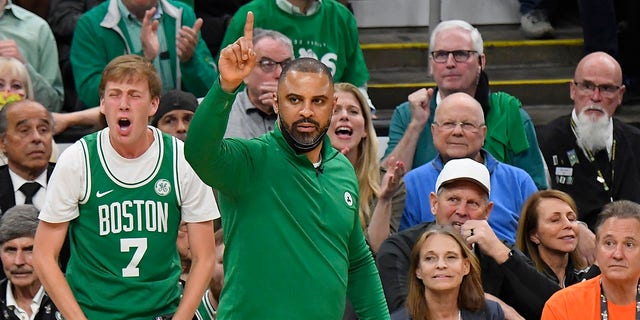 Head Coach Ime Udoka celebrates during Game Six of the 2022 NBA Finals on June 16, 2022 at TD Garden in Boston, Massachusetts.