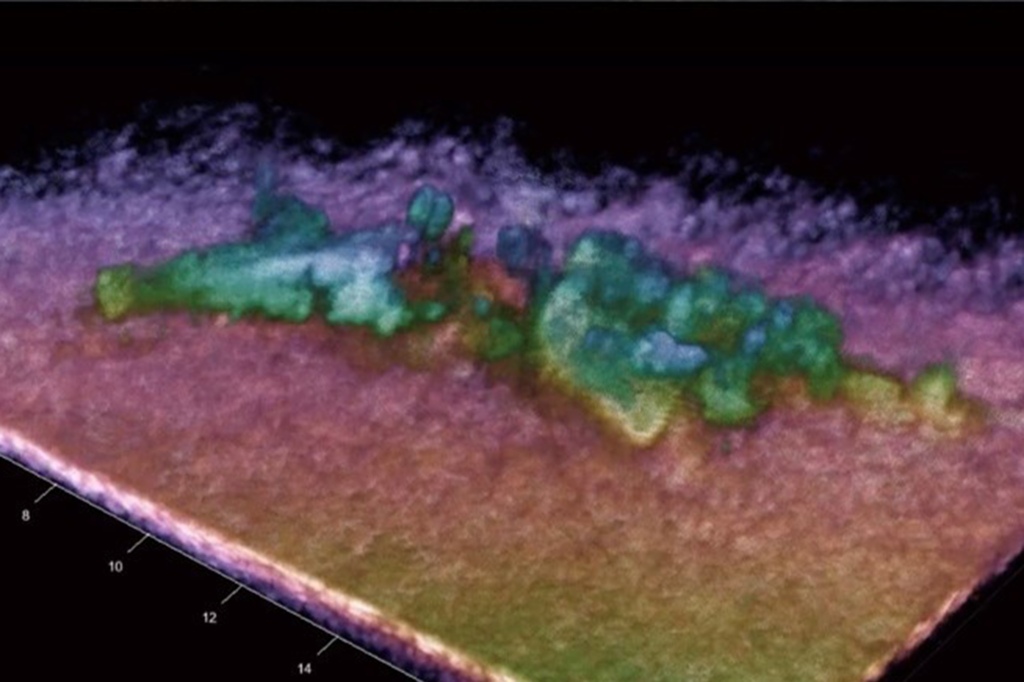An image of the wreckage computer processed from data taken on Sept. 10 by the University of Washington’s vessel using 3D technology. ​​​