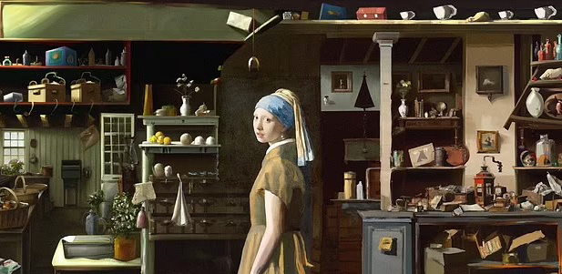 American artist August Kamp used Outpainting to reimagine "Girl with a Pearl Earring" in a domestic setting. 